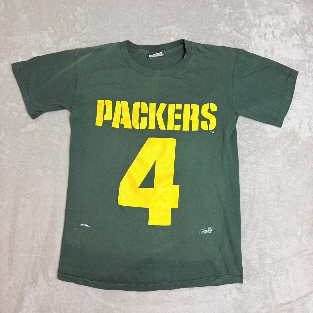 Vintage 90s Brett Favre Packers T-Shirt Mens M Green NFL Nutmeg Mills Football